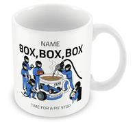 MUGGZ Personalised Pit Stop Tea Mug, Funny Motorsport Gift, Racing Fan Cup, Box Box Box Design, Optional Name, Colour Handle, Coaster, Card, Orange Cyan Blue Red