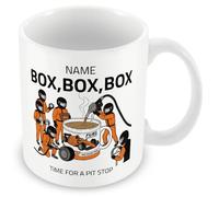 MUGGZ Personalised Pit Stop Tea Mug, Funny Motorsport Gift, Racing Fan Cup, Box Box Box Design, Optional Name, Colour Handle, Coaster, Card, Orange Cyan Blue Red