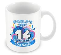 MUGGZ Personalised World's Best 14 Year Old Mug - Custom Name Birthday Coffee Cup - Colourful Blue Design - 11oz Ceramic