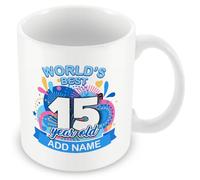 MUGGZ Personalised World's Best 15 Year Old Mug - Custom Name Birthday Coffee Cup - Colourful Blue Design - 11oz Ceramic