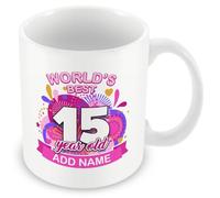 MUGGZ Personalised World's Best 15 Year Old Mug - Custom Name Birthday Coffee Cup - Colourful Pink Design - 11oz Ceramic