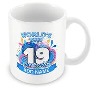 MUGGZ Personalised World's Best 19 Year Old Mug - Custom Name Birthday Coffee Cup - Colourful Blue Design - 11oz Ceramic