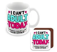 MUGGZ Work Colleague/Friend Funny Gift Mug & Coaster - I Can't Adult Today (Tomorrow Doesn't Look Good Either) - Giftset - Made in The UK