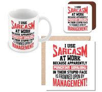 MUGGZ Work Colleague Funny Gift Mug, Card & Coaster - I Use Sarcasm at Work Because Apparently Punching Someone in Their Stupid Face is Frowned Upon by Management! - Giftset - Made in The UK