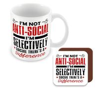 MUGGZ Work Colleague Funny Gift Mug & Coaster - Not Anti-Social I'm Selectively Social - Giftset - Made in The UK