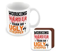 MUGGZ Work Colleague Funny Gift Mug & Coaster - Working Harder Than an Ugly Stripper - Giftset - Made in The UK