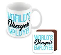MUGGZ Work Colleague Funny Gift Mug & Coaster - Worlds Okayest Employee - Giftset - Made in The UK