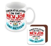 MUGGZ Work Leaving Present for Colleagues - Congratulations On The New Job That You Probably Won't Like Any Better - Mugs & Coaster Giftset - Made in The UK
