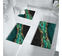 MUGINYU Black and Gold Green Bathroom Rug Set - 3 Piece, Emerald Green Marble Decor, Abstract Modern Rubber Quick Dry Super Absorbent Bath Mat