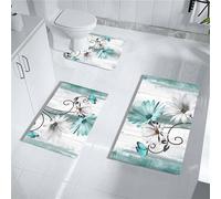 MUGINYU Teal Daisy Floral Bath Rug Sets 3 Piece, Rustic Farm Farmhouse Bath Mat Quick Dry Thin Rubber Diatomaceous Earth Turquoise Blue Flowers and Butterfly on Country Wood Bathroom Vintage Decor