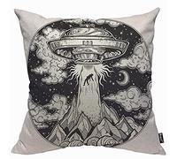 Mugod Alien Spaceship Cushion Cover Throw Pillow Covers Ufo Abduction Human with Flying Saucer Moon Mountain Black White Pillow Case for Men Women Decorative Home Sofa Chair Couch 45x45cm/18x18 Inch