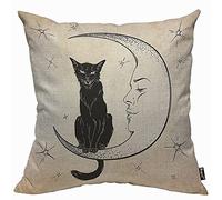 Mugod Black Cat Cushion Cover Throw Pillow Covers Sits on The Moon Face Star Pillow Case for Men Women Decorative Home Sofa Chair Couch 45x45cm/18x18 Inch