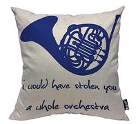 Mugod Blue French Horn Throw Pillow Cover I Would Have Stolen You a Whole Orchestra Quote Decorative Pillow Cases Square Cotton Linen Cushion Cover for Home Bed Sofa Couch 18x18 Inch