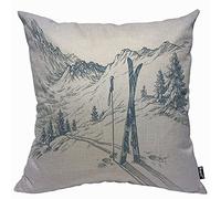 Mugod Blue White Winter Sketchy Cushion Cover Throw Pillow Covers Graphic of a Downhill with Ski in Snow Relax Calm View Pillow Case for Men Women Decorative Home Sofa Chair Couch 45x45cm/18x18 Inch