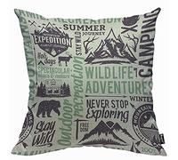 Mugod Camping Cushion Cover Throw Pillow Covers Retro Styled Mountain with Animal and Quotes Outdoor Adventures Pillow Case for Men Women Decorative Home Sofa Chair Couch 45x45cm/18x18 Inch