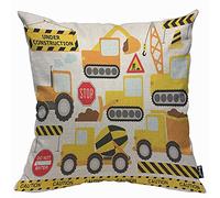 Mugod Cartoon Construction Label Cushion Cover Throw Pillow Covers Crew Vehicles Truck Chevron Sign Equipment Pillow Case for Men Women Decorative Home Sofa Chair Couch 45x45cm/18x18 Inch