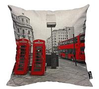 Mugod London City Throw Pillow Case Double-Decker Bus Telephone Boxes Red Grey Black White Decorative Cotton Linen Square Cushion Covers Standard Pillowcase Couch Sofa Bed Men/Women 18x18 Inch