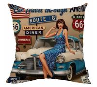 Mugod Vintage Poster Throw Pillow Cover Car Travel Through America Route 66 Sign Print Decorative Square Pillow Case for Home Bedroom Living Room Cushion Cover 18x18 Inch