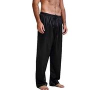 Mugoebu Loose pyjama bottoms for men with high waist, satin silk pyjama bottoms, elastic belt, drawstring, pyjama bottoms, long casual trousers - Black - M