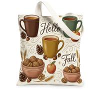 Mugs Canvas Tote Bag for Women, Fall Cozy Pinecones Acorns Fall Brown Washable Reusable Market Tote Bag Ideas for Shopping, Brown, 13x15 Inch