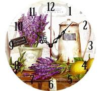 MugsByAly Decorative Provence Wall Clock 14 Inch - Rustic Lavender Bouquet, Lemon & Coffee Pot Design, Quartz Clock for Kitchen & Living Room