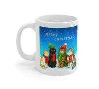 MugsByAly Festive Holiday Cat Mug, White Ceramic Coffee Cup with Winter Cats Design, Merry Christmas Theme