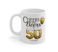 MugsByAly Happy 50th Birthday Coffee Mug, Cheers and Beers Design,Ceramic 11oz