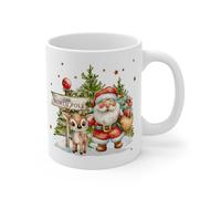 MugsByAly Holiday Magic Christmas Coffee Mug, North Pole Santa and Reindeer Design, Festive Merry Christmas Calligraphy