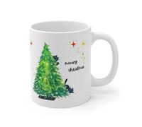 MugsByAly Meowy Christmas Mug - Cute Cat and Christmas Tree Design - Funny Holiday Coffee Cup for Cat Lovers