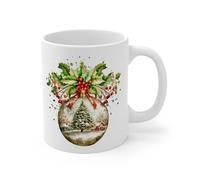 MugsByAly Merry Christmas Festive Holiday Coffee Mug,Christmas Tree Ornament Design, Holly Berry Decoration, Winter Scene Artwork