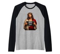 Mugshot Jesus Portrait Vintage Crown of Thorns Design Raglan Baseball Tee