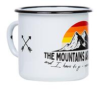 MUGSY Enamel Mug, Mountains are Calling, 330 ml, Mountain Motif, for Outdoor Fans, Shatterproof, White