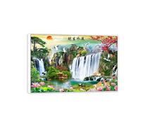 MUHJDYC Chinese Landscape Wall Art Picture-Mountain Waterfall Lotus-Panoramic Painting Nature Canvas Prints for Living Room Bedroom Decor 70x105cm-27x41in White Frame