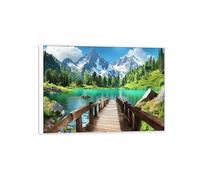 MUHJDYC Landscape Wall Art-Mountain Tree Lake Bridge-Canvas Print-Modern White Frame Picture for Living Room Home Decoration 70x100cm-27x39in