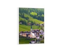 MUHJDYC Landscape Wall Art-Mountain Tree Village-Canvas Print-Modern White Frame Picture for Living Room Home Decoration 60x85cm-23x33in