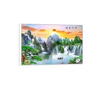 MUHJDYC Landscape Wall Art-Waterfall Mountain Sunset-Canvas Print-Modern White Frame Picture for Living Room Home Decoration 30x45cm-12x18in