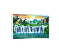 MUHJDYC Landscape Wall Art-Waterfall Mountain Tree-Canvas Print-Modern White Frame Picture for Living Room Home Decoration 60x90cm-23x35in