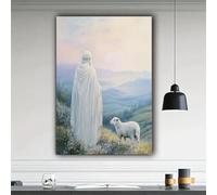 Muholin Canvas Painted Wall Art-Spiritual Christian Pastoral Landscape With White Robe Drawing And Lamb, Tranquil Landscape 21x30cm No Frame