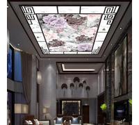 Muholin Custom Ceiling Mural Wallpaper New Chinese Style Peony Floral Design Marble Texture Geometric Pattern Wall Art Interior Decor 400cm(W)×280cm(H)