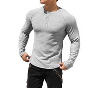 Muhshoiy Men's Cotton Muscle Henley Shirts Slim Fit Long Sleeve T-Shirt Stretchy Casual Stylish Ribbed Tee Grey XL