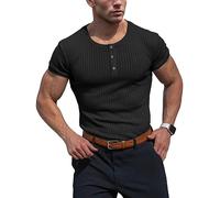 Muhshoiy Men's Cotton Muscle Henley Shirts Slim Fit Short Sleeve T-Shirt Stretchy Casual Stylish Ribbed Tee Black M