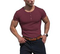 Muhshoiy Men's Cotton Muscle Henley Shirts Slim Fit Short Sleeve T-Shirt Stretchy Casual Stylish Ribbed Tee Red M