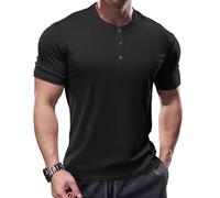 Muhshoiy Men's Ribbed Summer Cooling Short Sleeve T-Shirt - 3 Metal Button Placket, Drapey Fabric, Stretchy Muscle Slim Fit Shirt, Lightweight and Breathable Black M