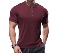 Muhshoiy Men's Ribbed Summer Cooling Short Sleeve T-Shirt - 3 Metal Button Placket, Drapey Fabric, Stretchy Muscle Slim Fit Shirt, Lightweight and Breathable Red XL
