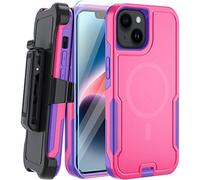 MUITQ 5-in-1 Magnetic Designed for iPhone 14 Case for iPhone 13 Case,Heavy Duty Case Belt Clip Holster,with Tempered Glass Screen Protecto(2 Pcs),Phone Case for iPhone 13/14, (Rose)