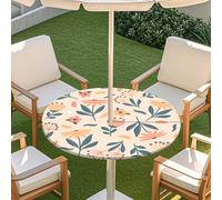 Muiuou Round Tablecloth with Parasol Hole and Zipper, Plants Printing Elastic Edged Fitted Table Cover, Reusable Wipeable Oil-proof Table Cloth for Garden BBQ Party (Style 10,M(36-44inch))