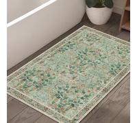 MUJOO 2x3 Washable Rug Floral Small Area Rugs Non Slip Ultra-Thin | Throw Carpet for Bathroom Entryway Entry Entrance Bedroom Bedside Floor Indoor Boho Botanical Vintage Green