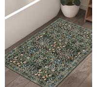 MUJOO 2x3 Washable Rug Floral Small Area Rugs Non Slip Ultra-Thin | Throw Carpet for Bathroom Entryway Entry Entrance Bedroom Bedside Floor Indoor Boho Botanical Vintage Black and Green