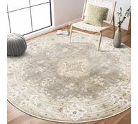 MUJOO Beige Round Rug 6ft,Circle Washable Area Rugs for Bedroom Living Room Bathroom,Boho Large Vintage Bohemian Distressed Farmhouse Non Slip Circular Carpet,Floral