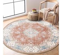MUJOO Boho Round Rug 4ft,Circle Washable Area Rugs for Bedroom Living Room Bathroom,Vintage Small Distressed Non Slip Circular Carpet,Orange Navy Blue Floral